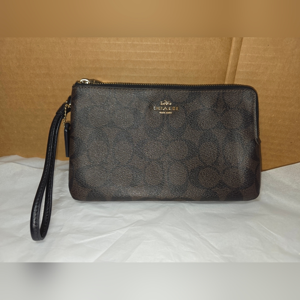 Coach Double Corner Zip Around Wristlet Brown and Black Signature Coated Canvas